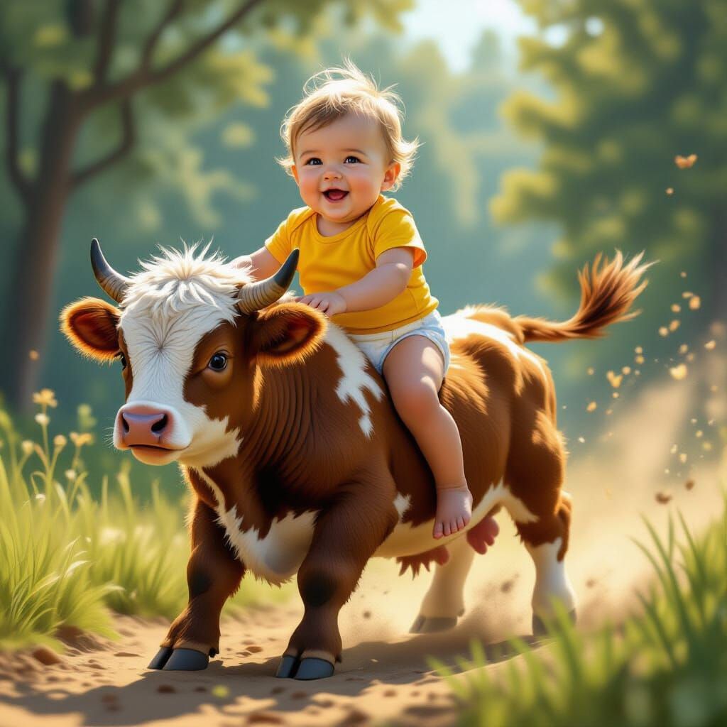 Energetic Baby Boy Rides Wild Calf