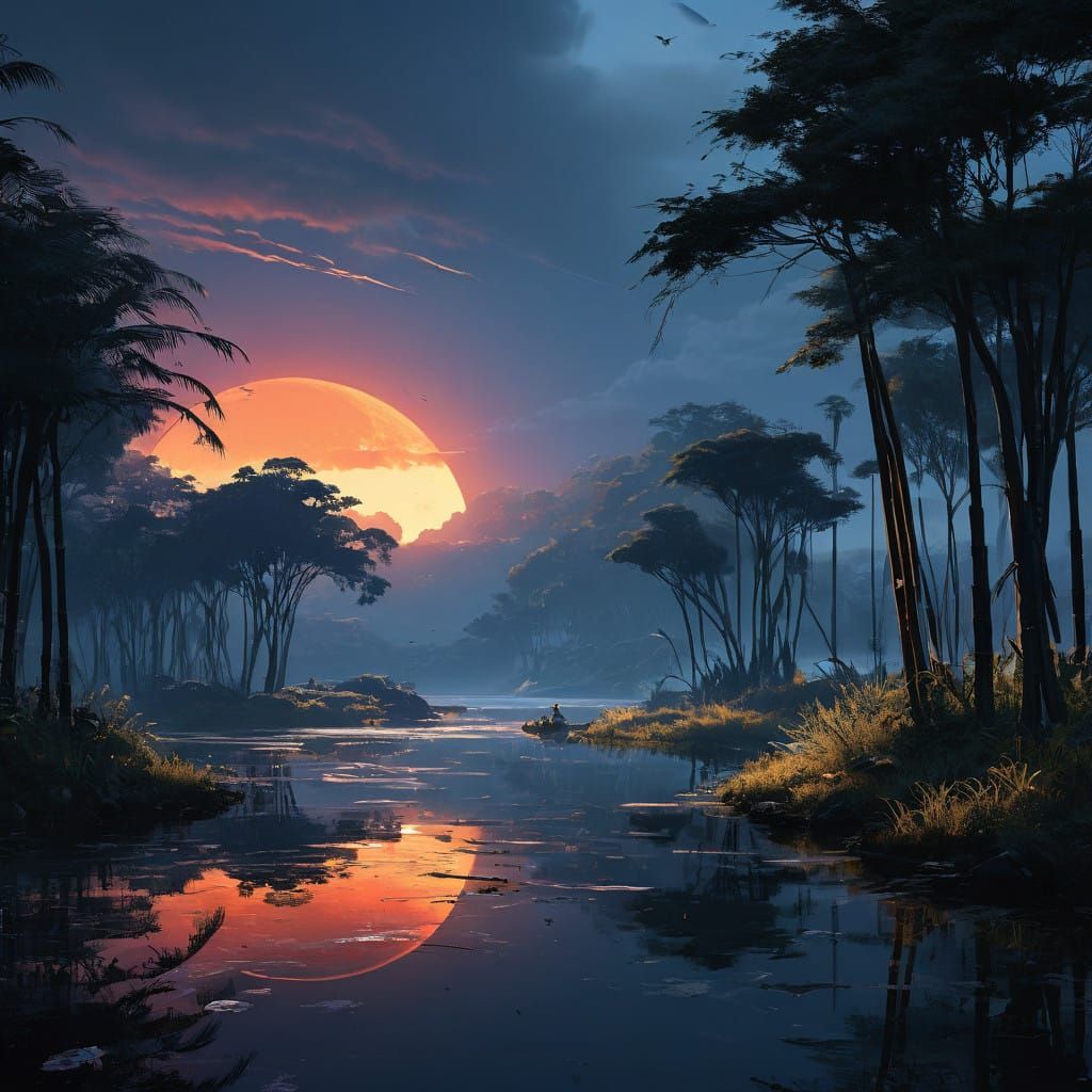 Majestic Cranes Rise Amidst Vibrant Evening Glow