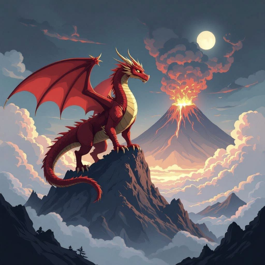 Red and Gold Dragon Above Volcano, Anime Style