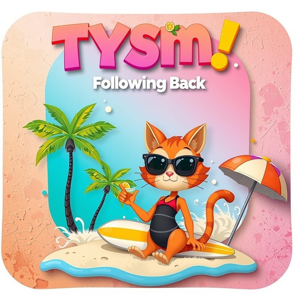 Vibrant and playful raised text that says "TYSM Following Back" set against a subtly textured backdrop in a whimsical, m...