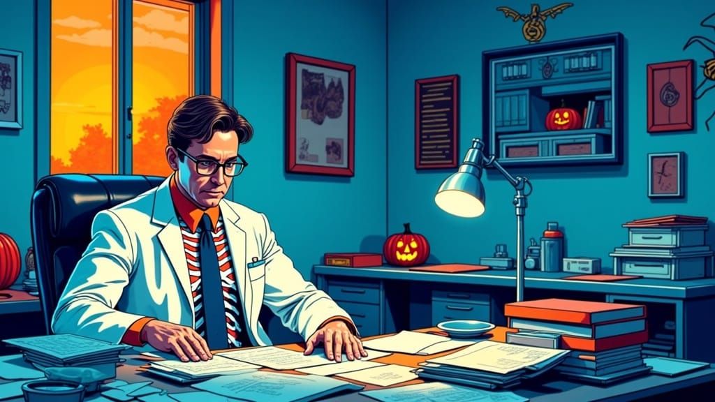 Halloween Doctor in Office, Graphic Novel Illustration
