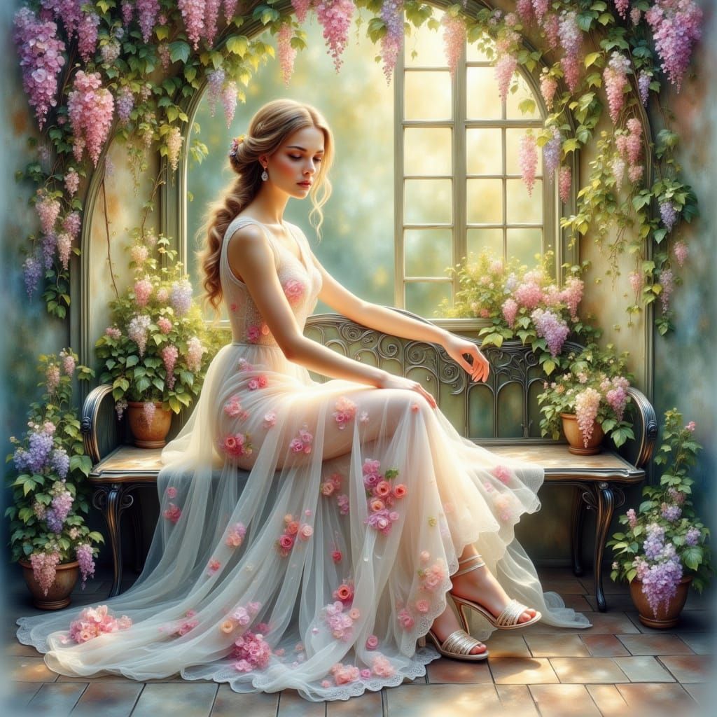 Woman in Sunlit Garden Watercolor Painting