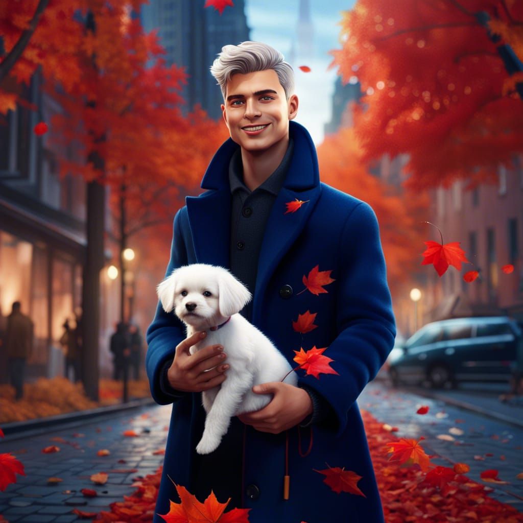Man with Puppy in Autumn City Street