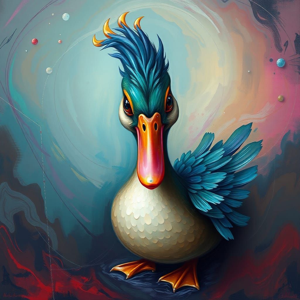 Surreal Duck with Iridescent Feathers in Psychedelic Style