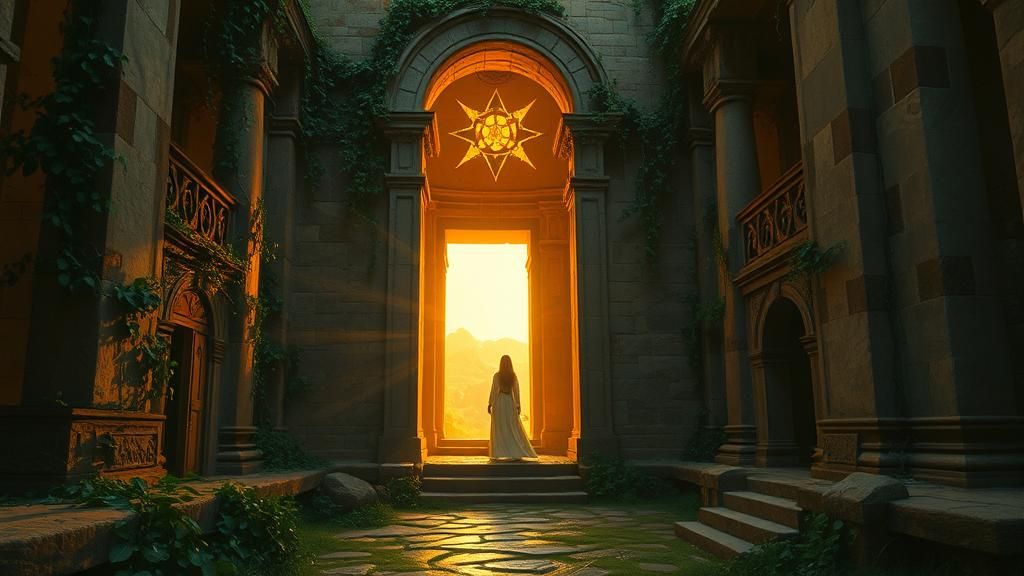 Mystical Priestess in Ancient Temple at Golden Hour