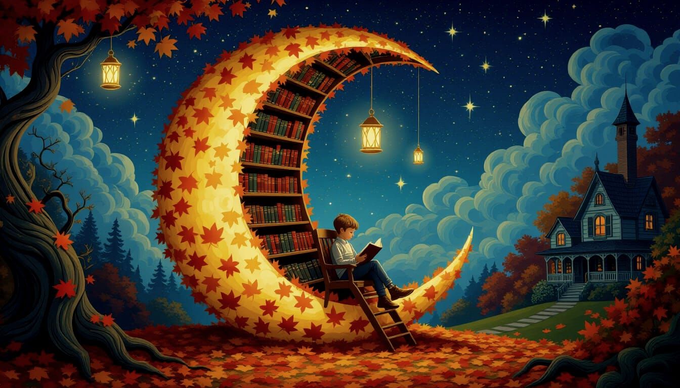 Enchanting Autumn Library Moonscape with Boy Reading