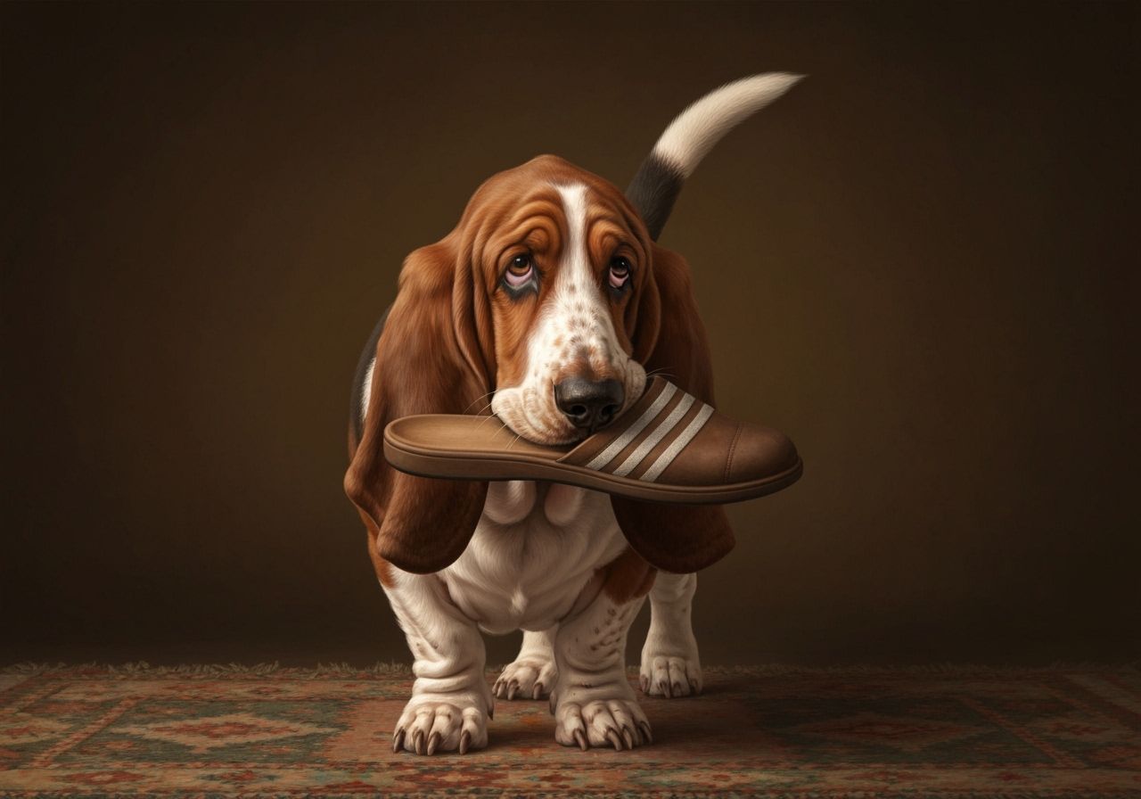 Basset Hound With Slipper on Colorful Rug