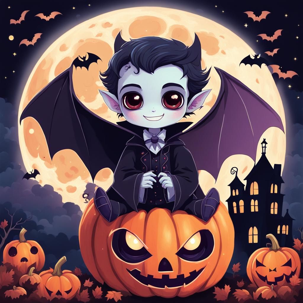 Chibi Vampire and Bat Under Full Moon