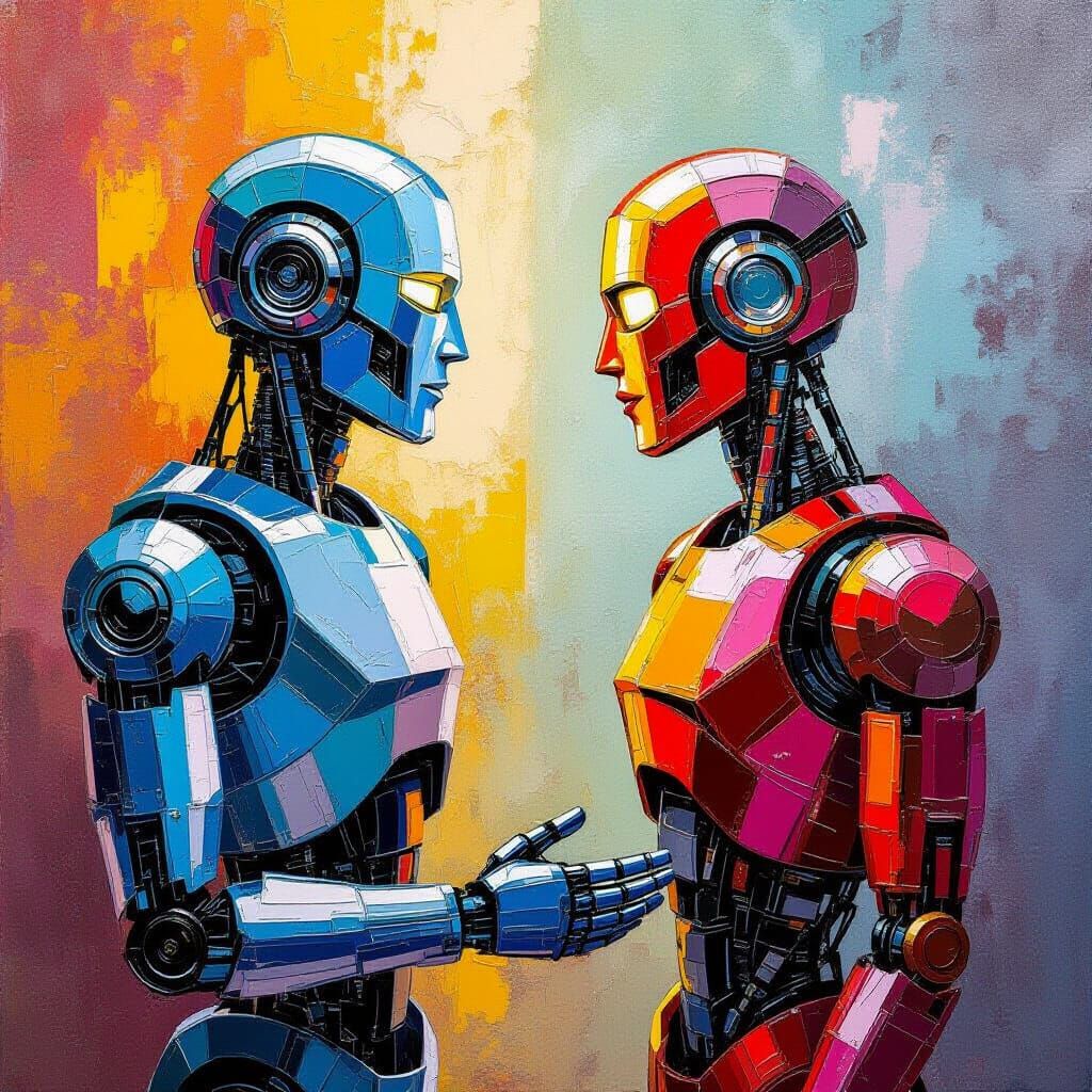 Robots Bound by Three Laws: Neo-Impressionist Oil Painting