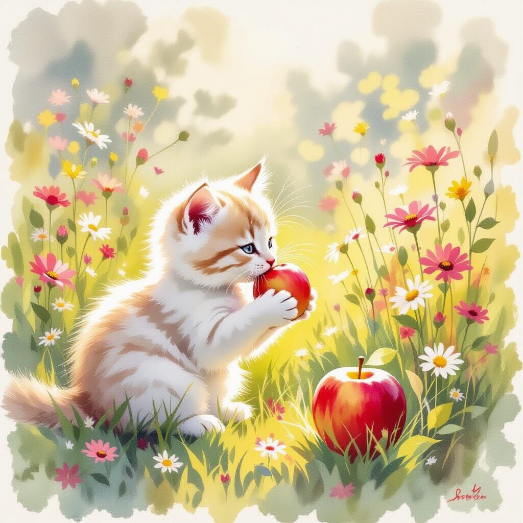 Ethereal Kitten Plays with Apple in Sunlit Meadow
