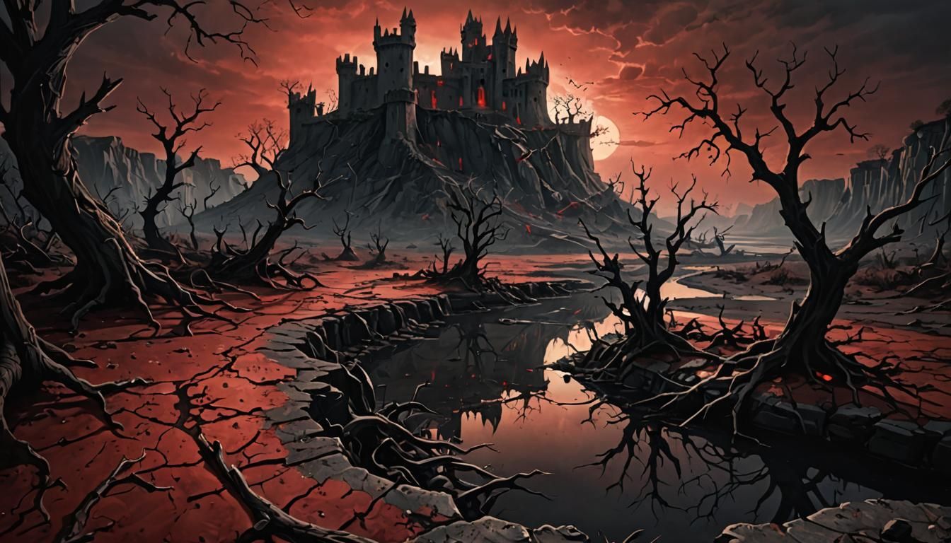 Eerie Dark Fantasy Landscape with Crumbling Fortress