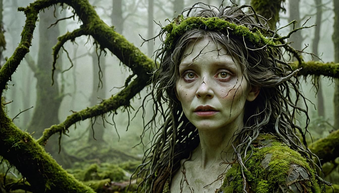 Ethereal Moss Fairy in Misty Forest, Fantasy Horror