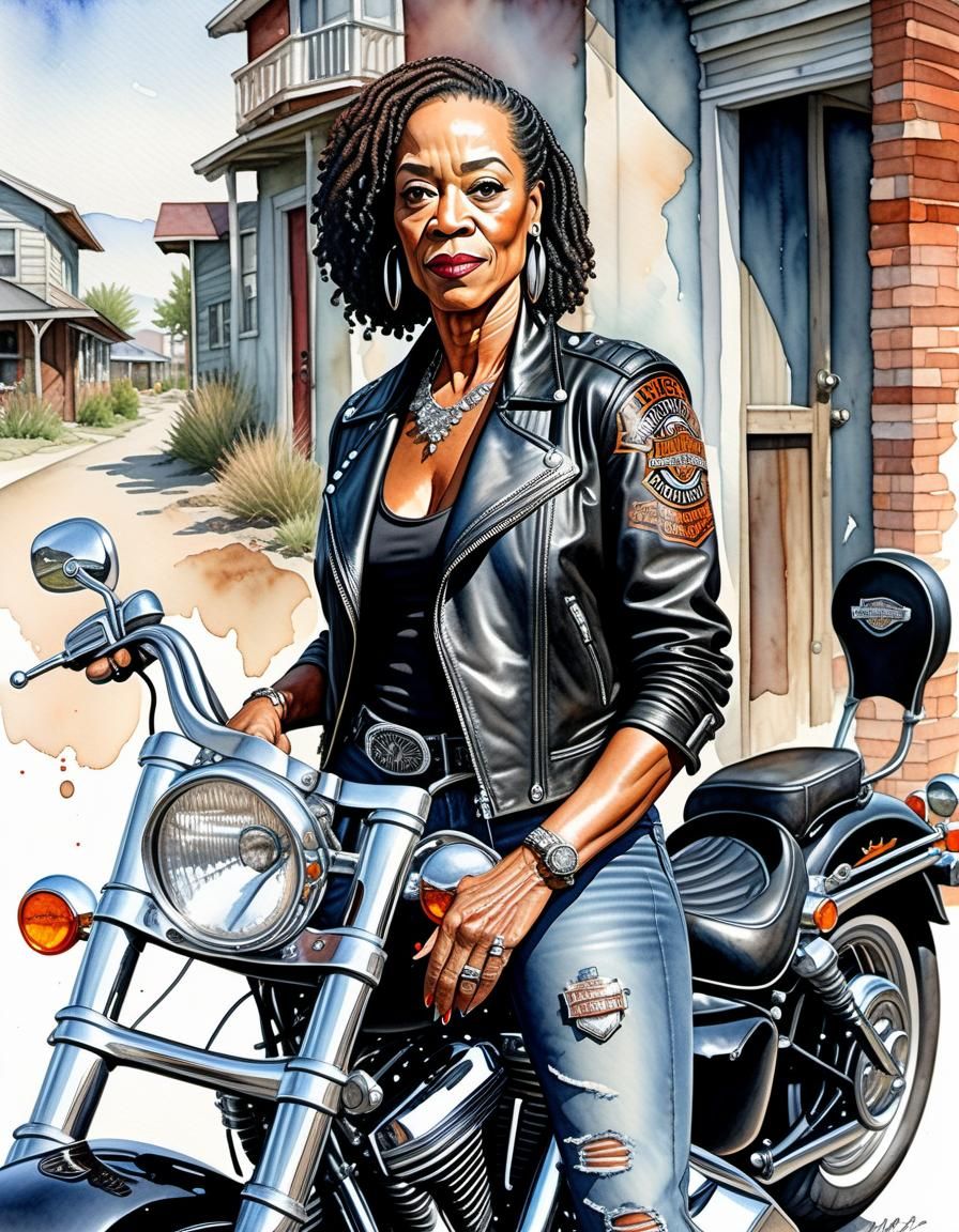 Cartoon Watercolor of Biker Woman with Motorcycle