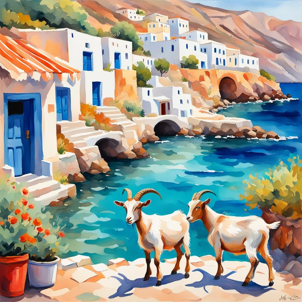 Seaside Souvenir Shop in Greece: Gouache Watercolor Painting