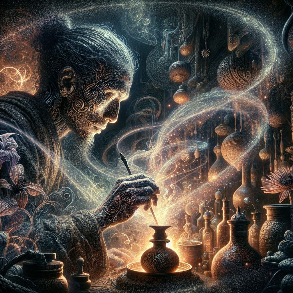 Mysterious Alchemist Mixing Potions in Enchanted Lab