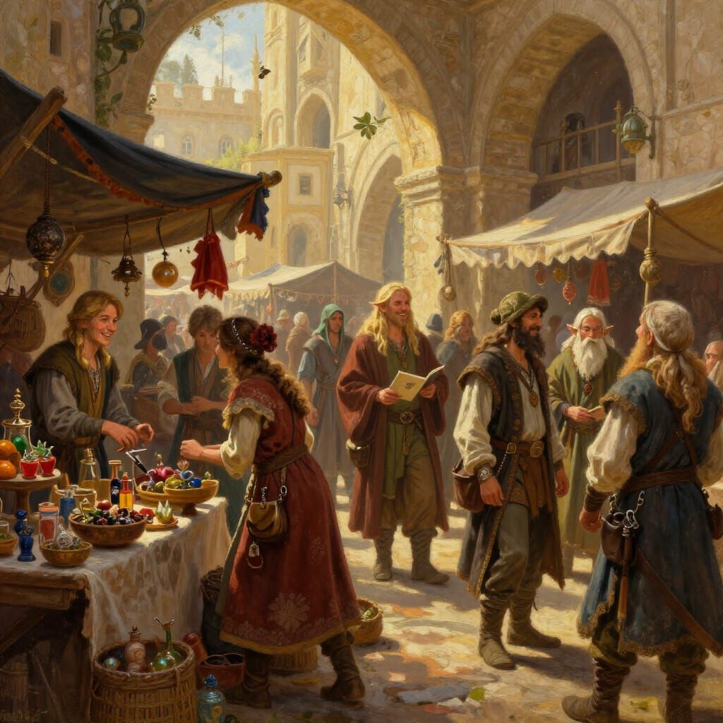Fantasy Marketplace Oil Painting with Elves and Dwarves