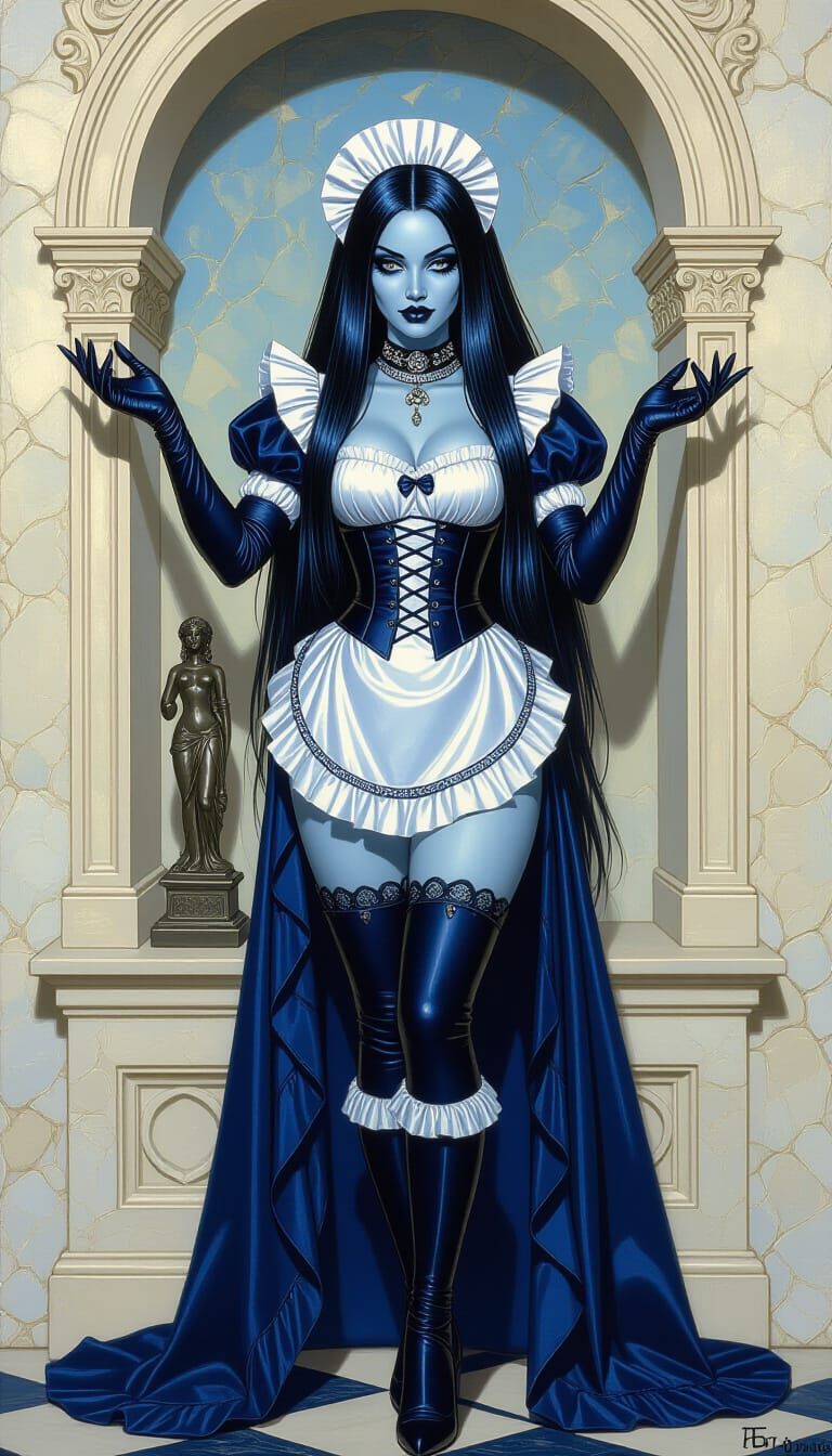 Gothic Goddess as French Maid: Oil Painting