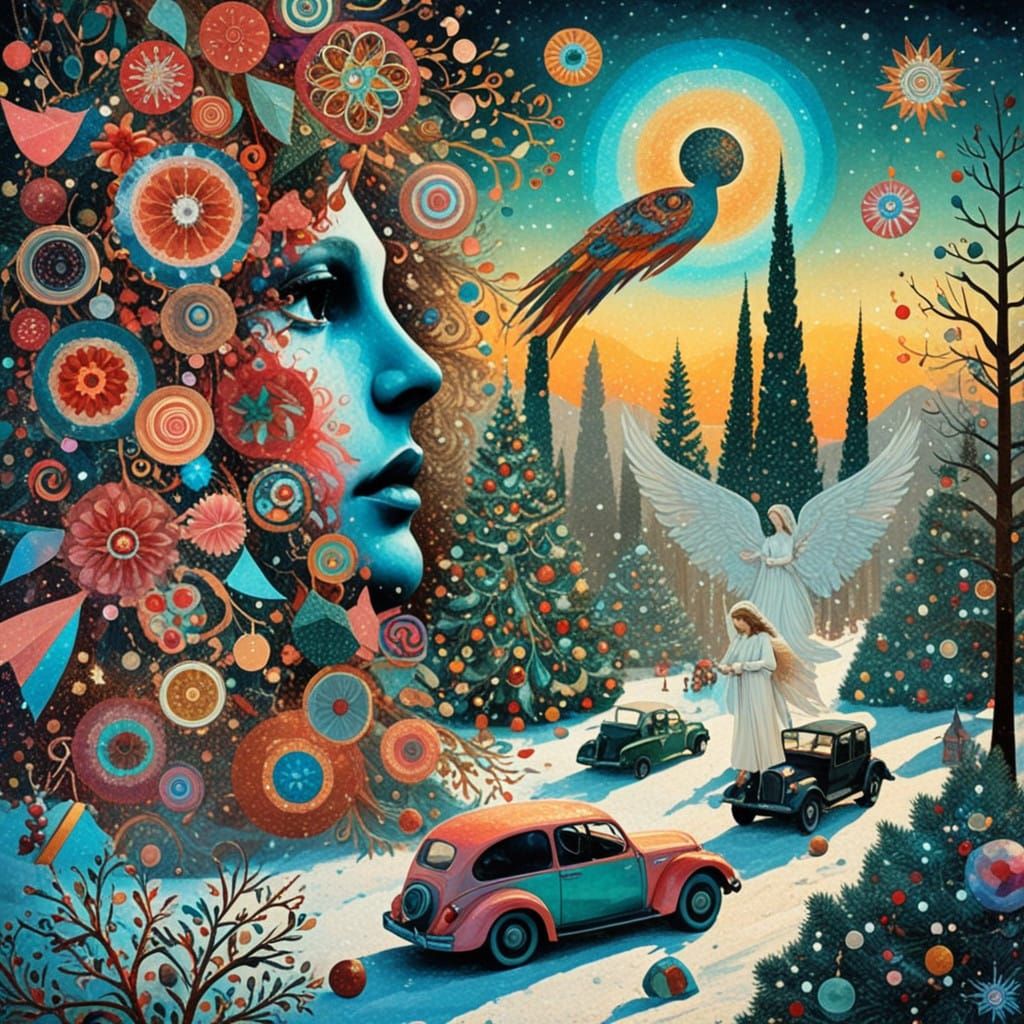 Vibrant Christmas Angels in a Geometric Gustav Klimt-Inspire...