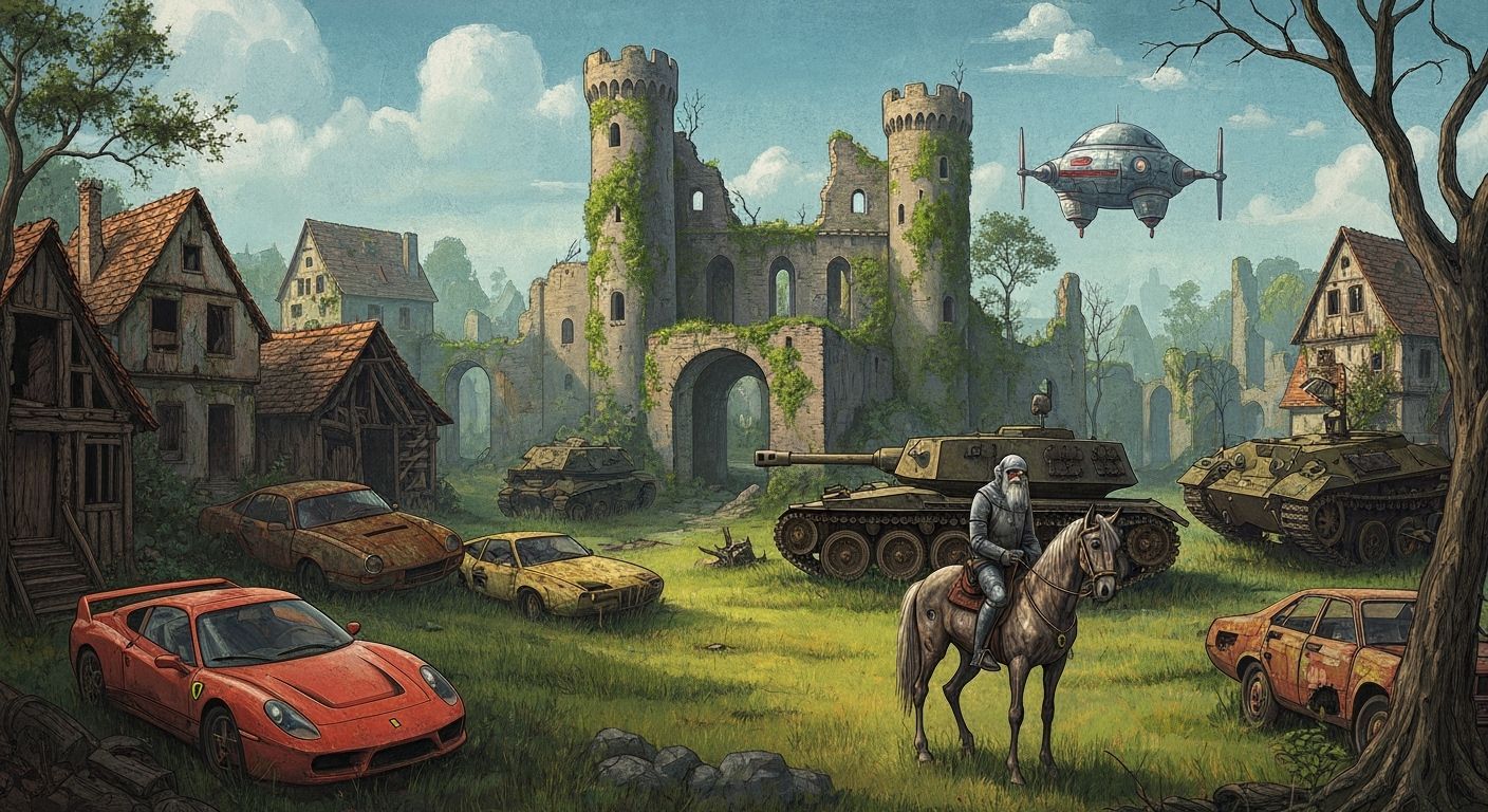 Surreal Castle Ruins with Anachronistic Vehicles