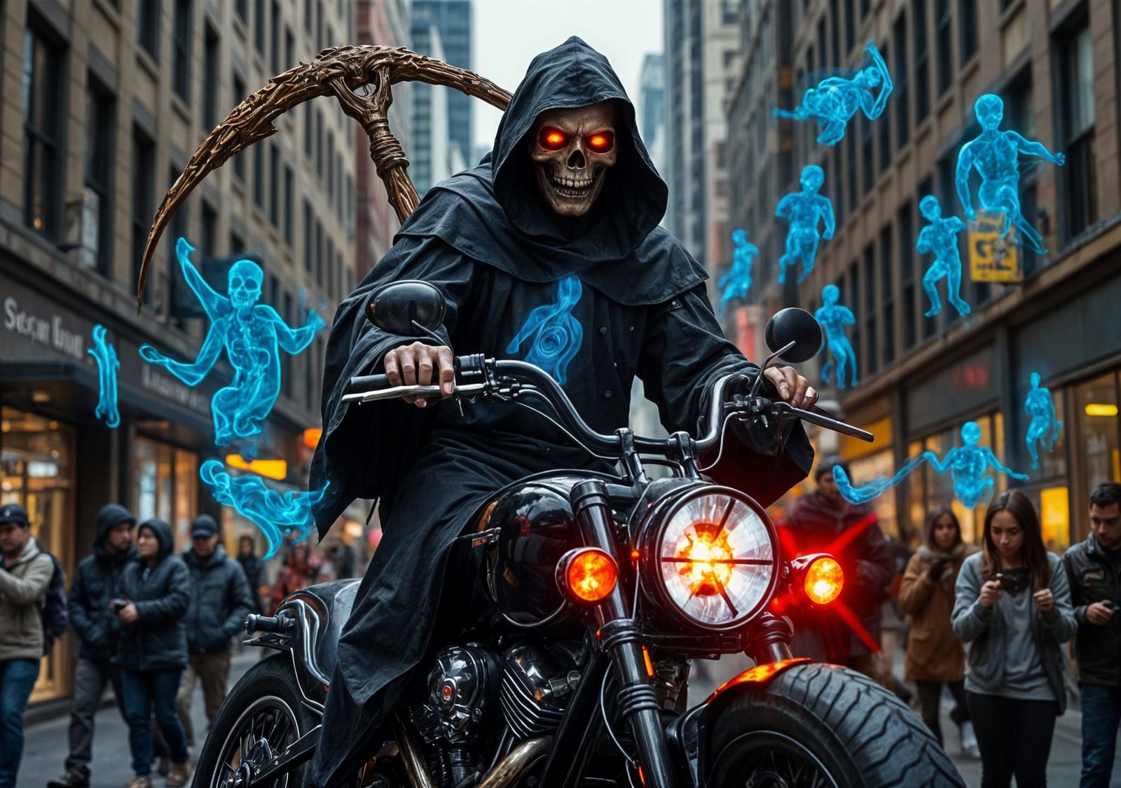Grim Reaper Rides Motorcycle Collecting Souls