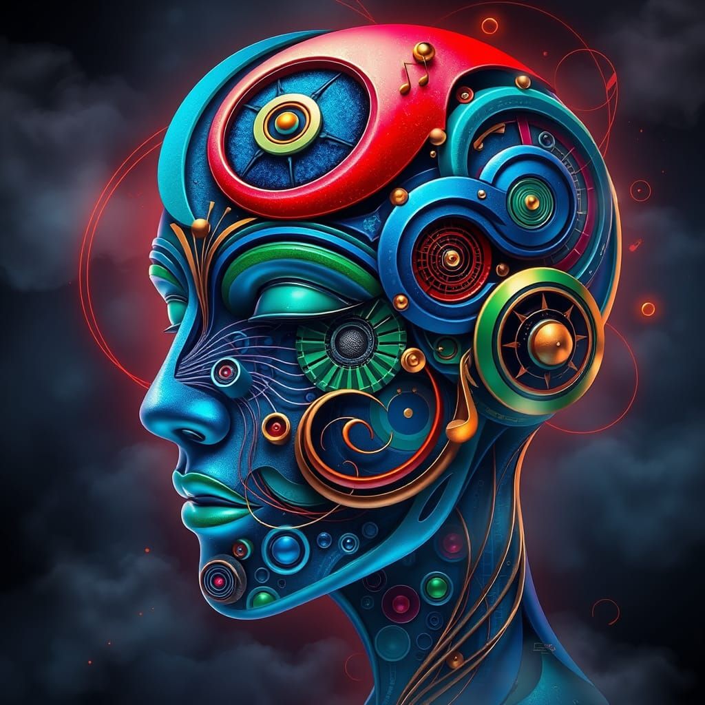 A vibrant digital abstract art piece with the colors blue, r...