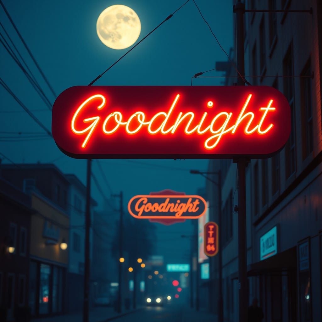 Neon Sign Glow Illuminates Retro-Futuristic Cityscape at Nig...