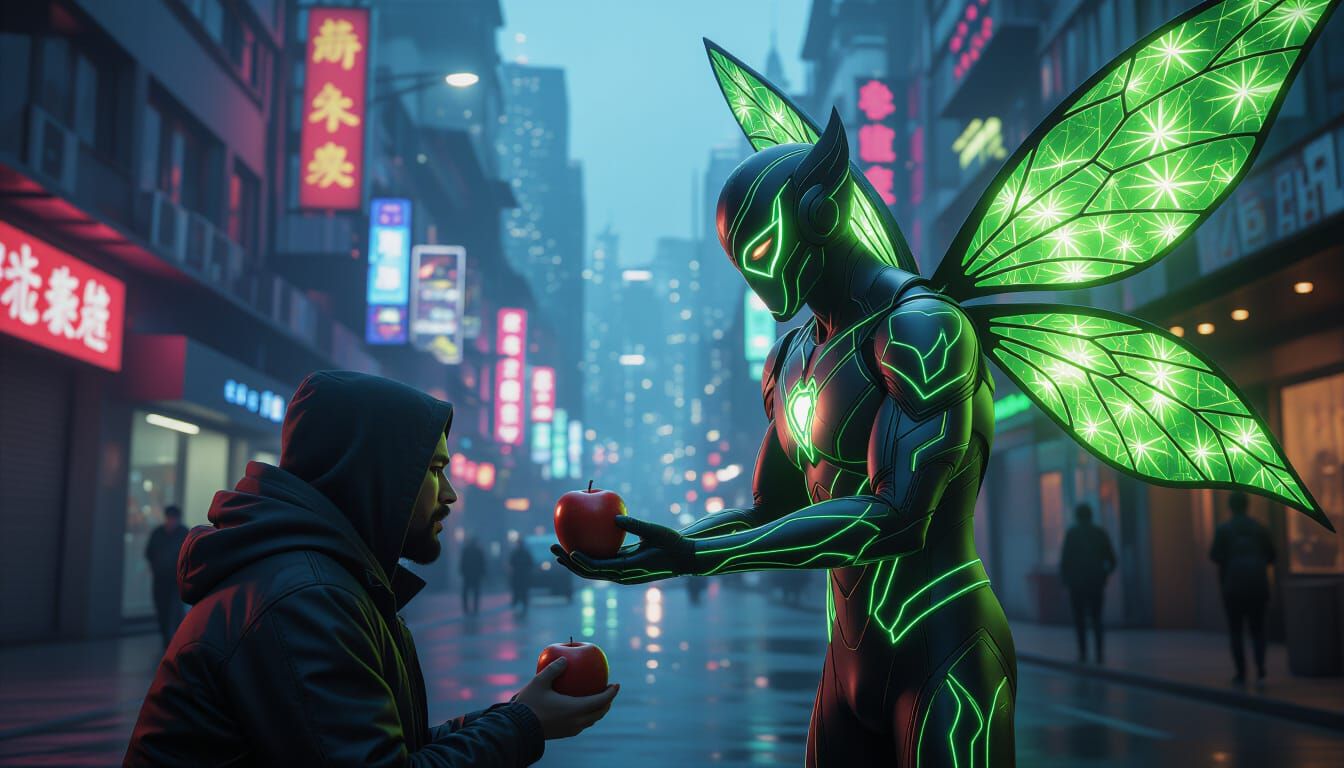 Superhero Offers Apple in Neon Cityscape
