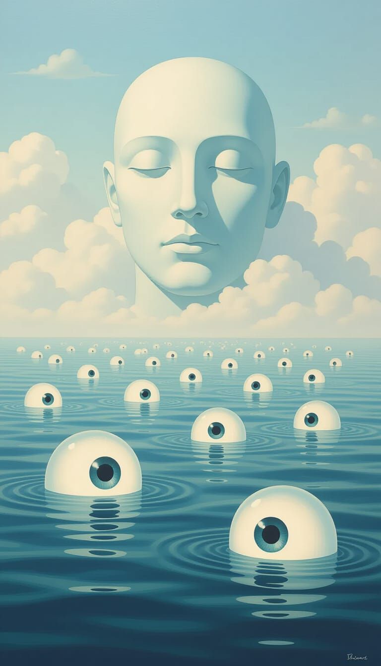 prompt3 = "A calm ocean where giant floating eyes drift like jellyfish, glowing softly, while a distant mountain in the ...