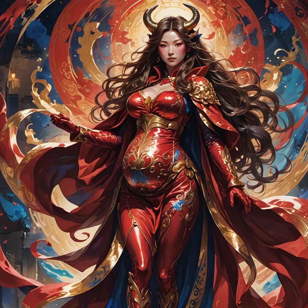 Fantastical Pregnant Woman with Horns in Japanese Style