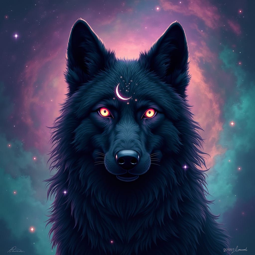 Galactic Wolf with Crescent Moon, Cosmic Art