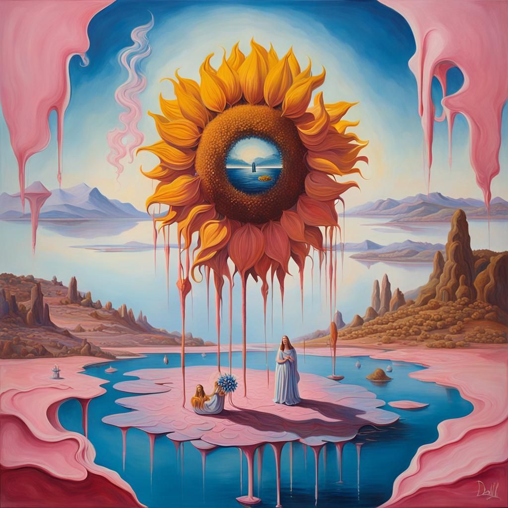 Surreal Lotuses and Sunflowers in Oil, Dali-esque