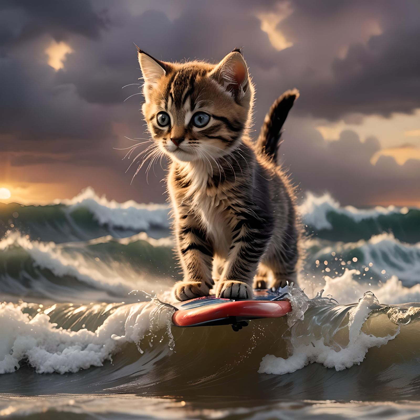 Kitten Surfing Tsunami at Sunset: Digital Art