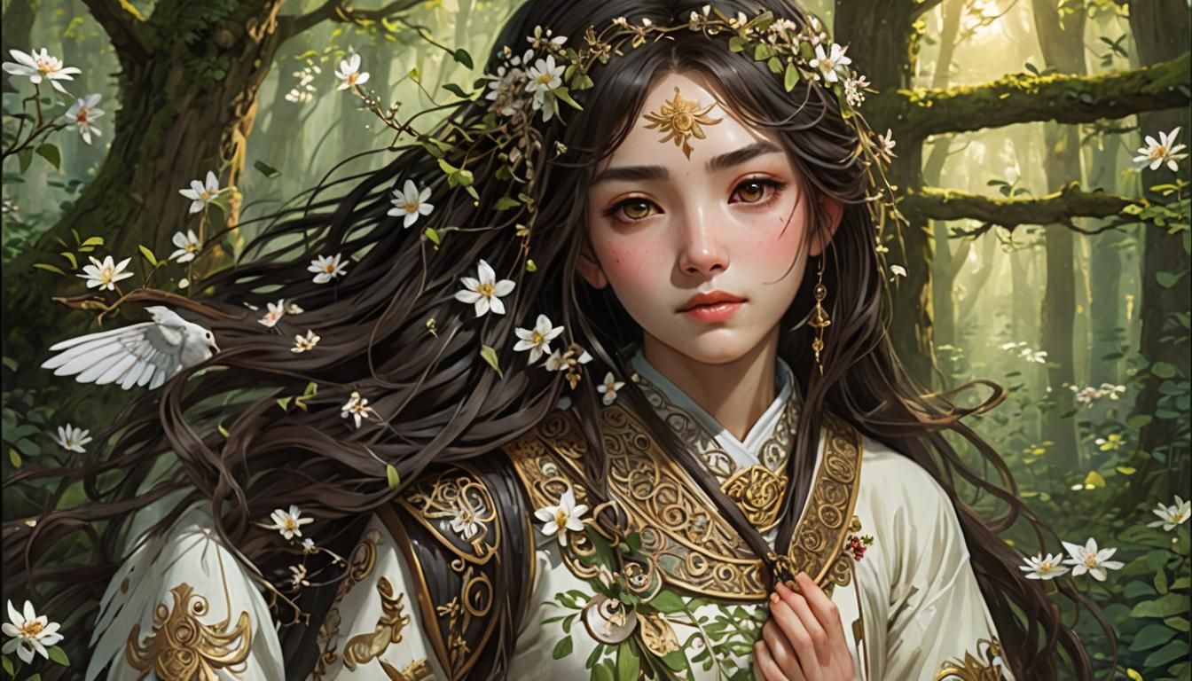 Mystic Shrine Maiden Heals Friend in Enchanted Forest