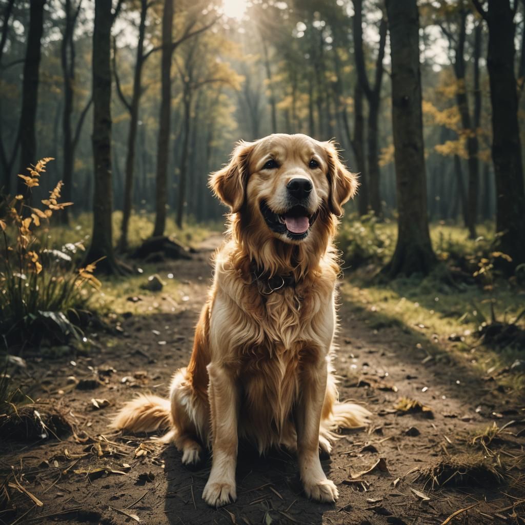 Happy Golden Retriever in Cinematic Film Style