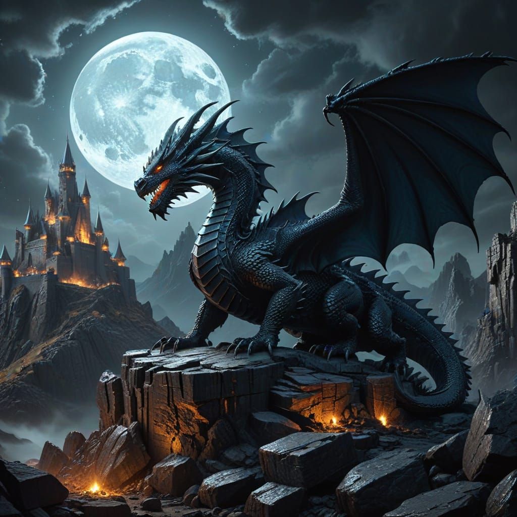 Ancient Dragon Guards Obsidian Fortress Under Full Moon
