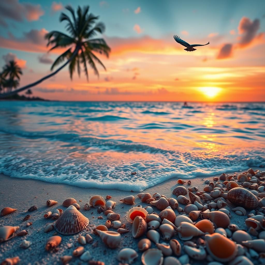Vibrant Tropical Beach Sunset in Hyperrealism