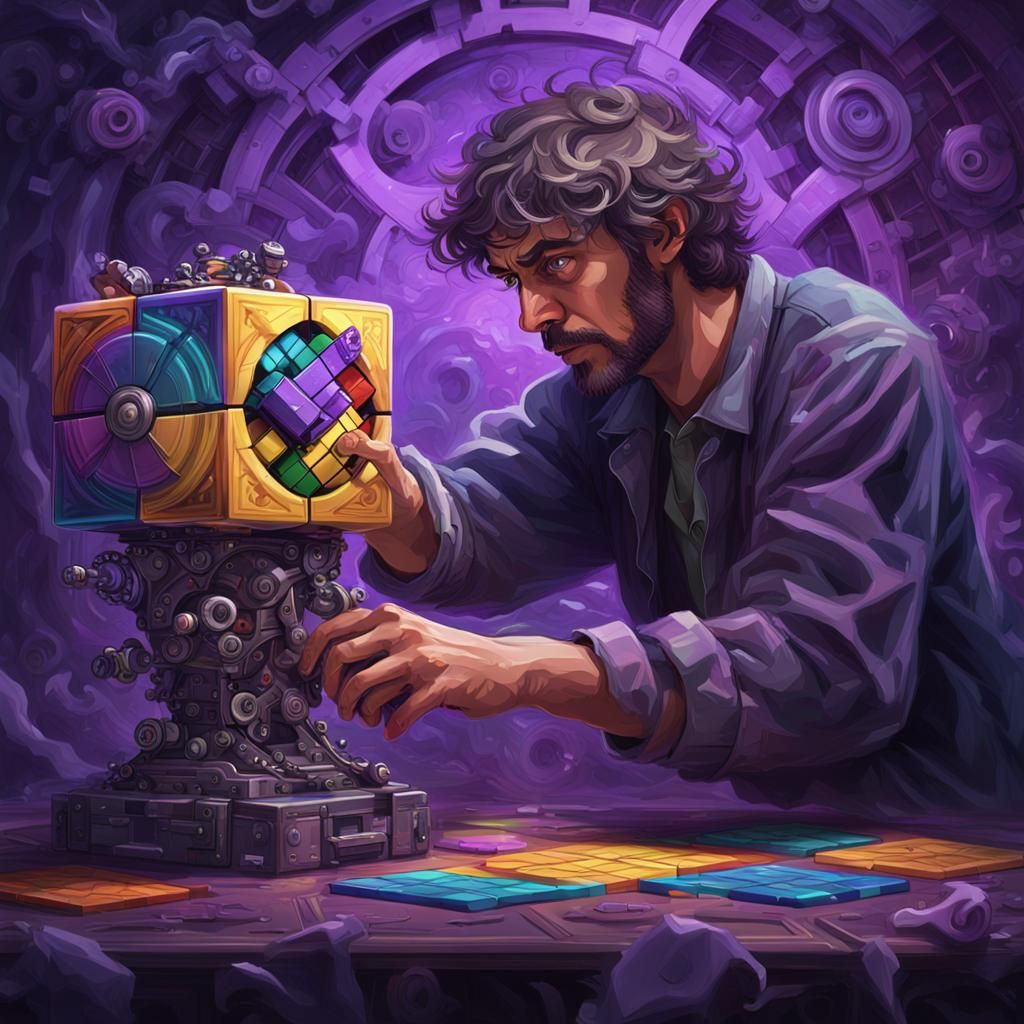 Man Controlling Puppet on Rubik's Cube