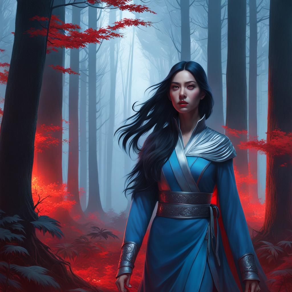 Asian Woman in Dark Forest, Hyperdetailed Portrait