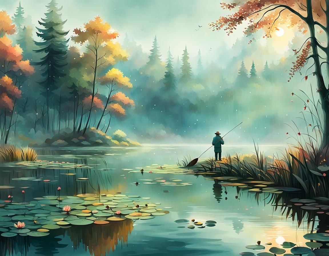 Lone Fisherman in Dreamy Autumn Lake Scene