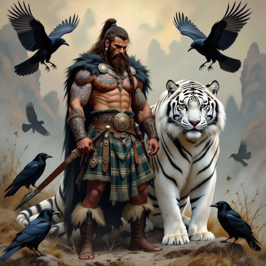 Celtic Warrior, Siberian Tiger, and Morrigan in Dark Fantasy...