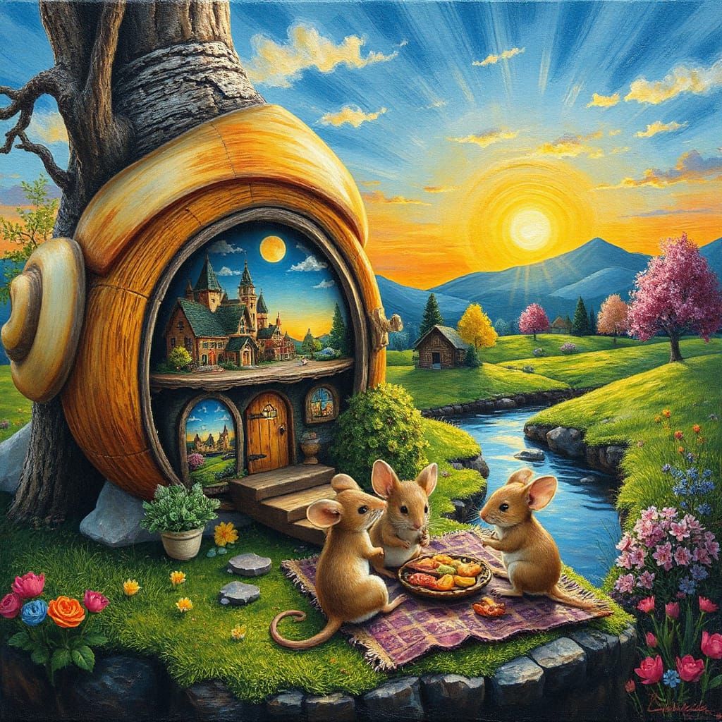 Magical Snail House with Miniature Cities and Mouse Picnic