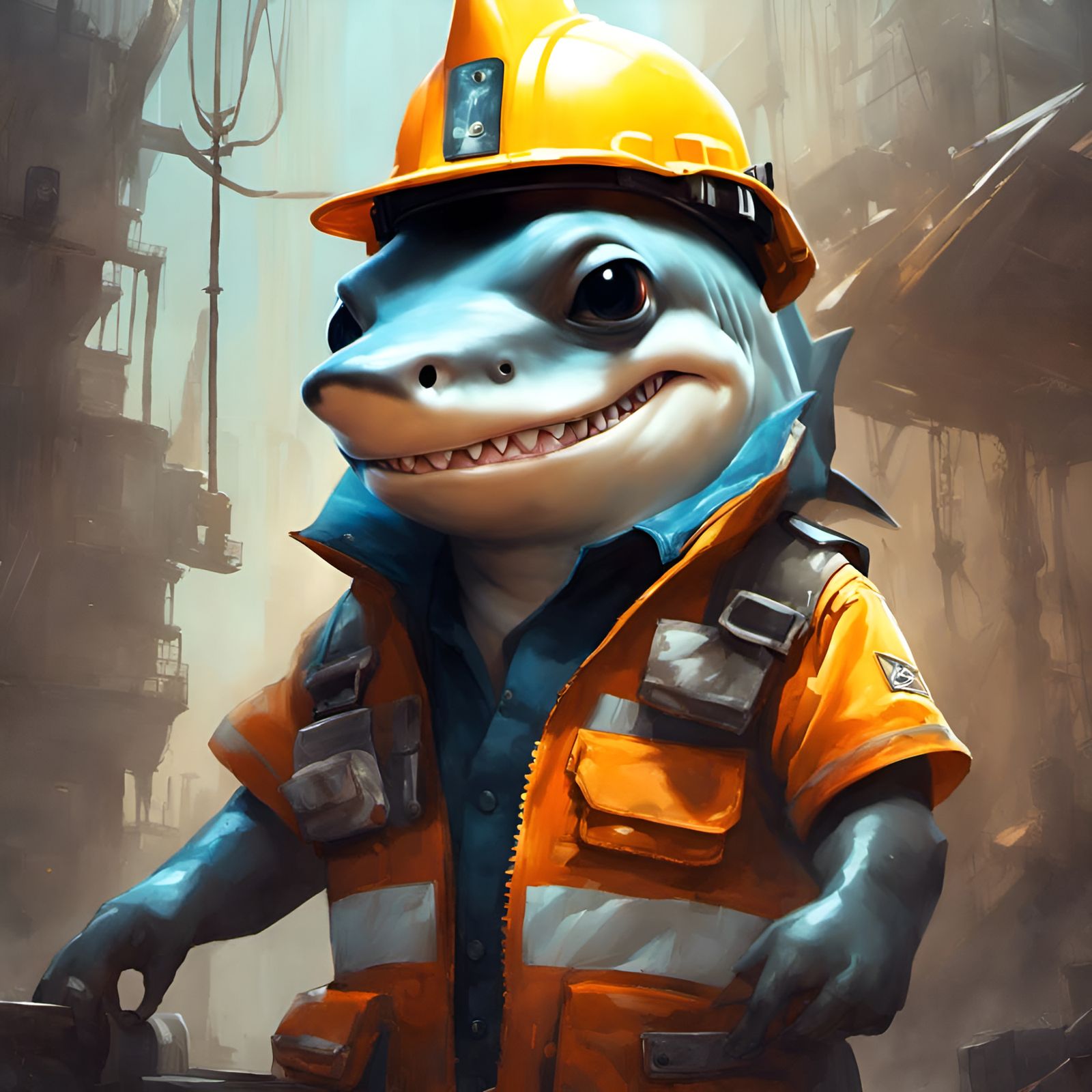 Adorable Chibi Hammerhead Shark Construction Worker in 3D