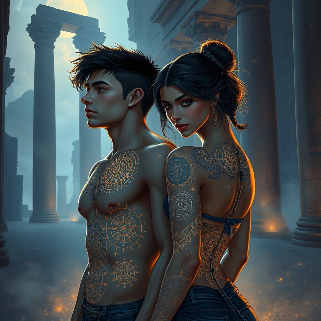 Teen Couple with Celestial Tattoos in Misty Ruins