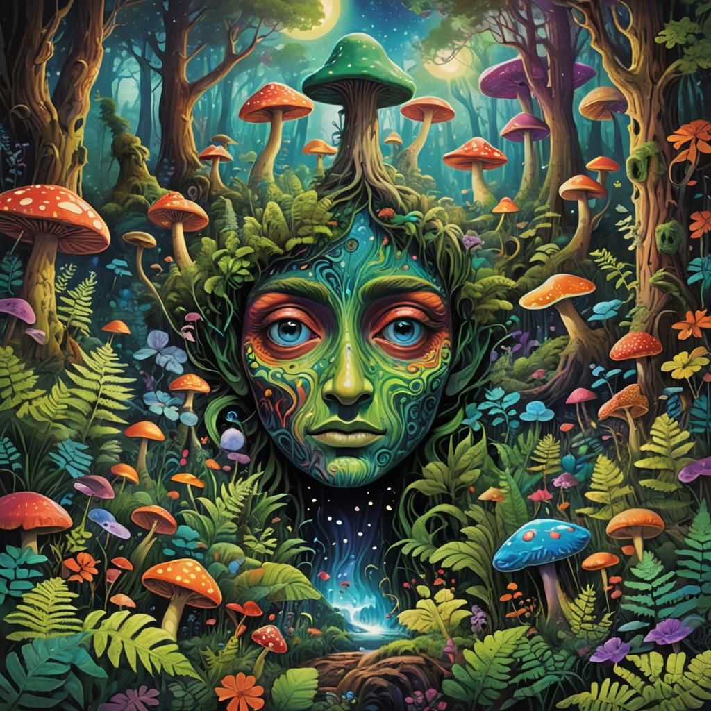 Psychedelic Album Art: Forest Scene with Cosmic Energy