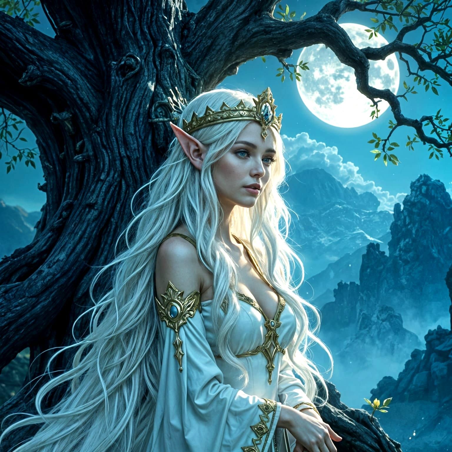 Gorgeous Elf with White Hair and Brass Crown Under Moonlight