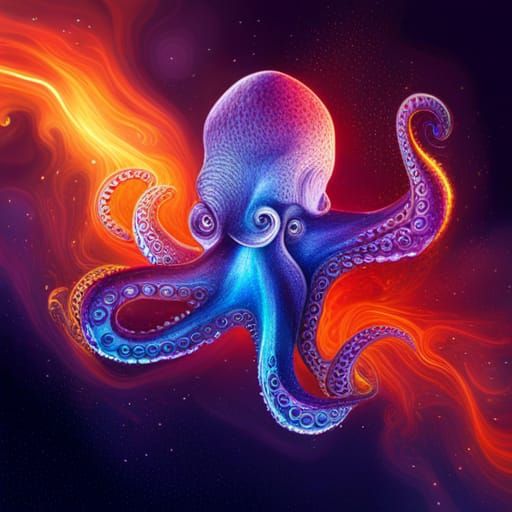 Octopus in Bioluminescent Galaxy: Hyperrealistic Alien Art