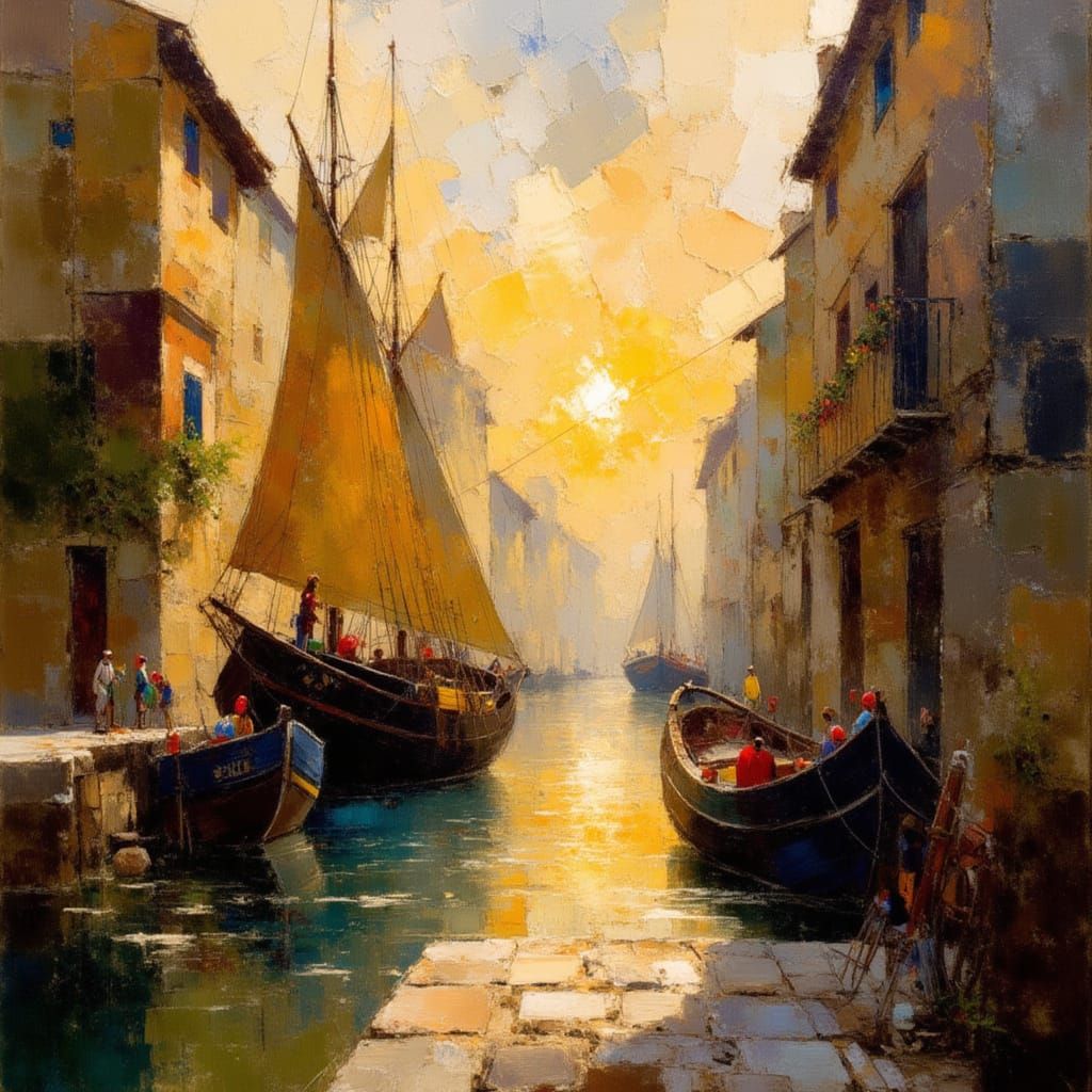 Sunrise Over Ancient Harbor District in Ultra-Realistic Styl...