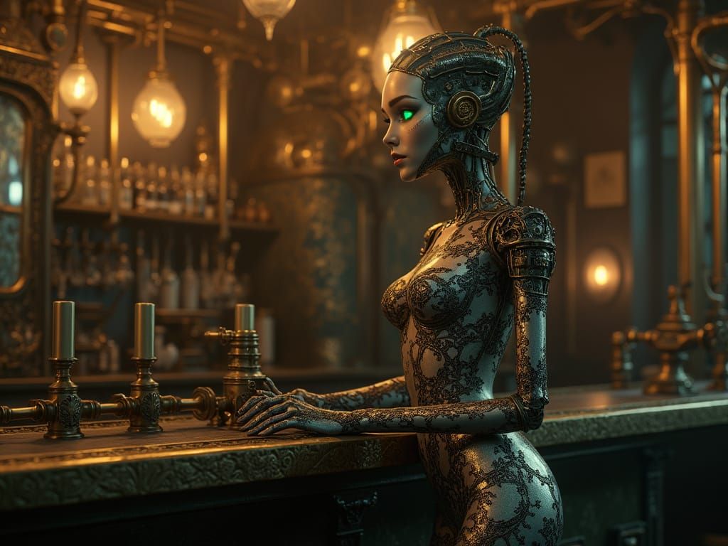 Steampunk Cyborg Siren at an Ornate Bar