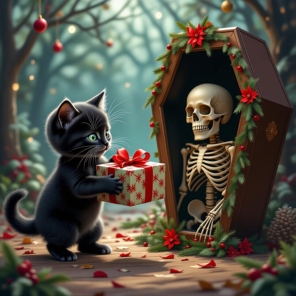 Baby Black Cat With Present Approaches Skeleton Coffin