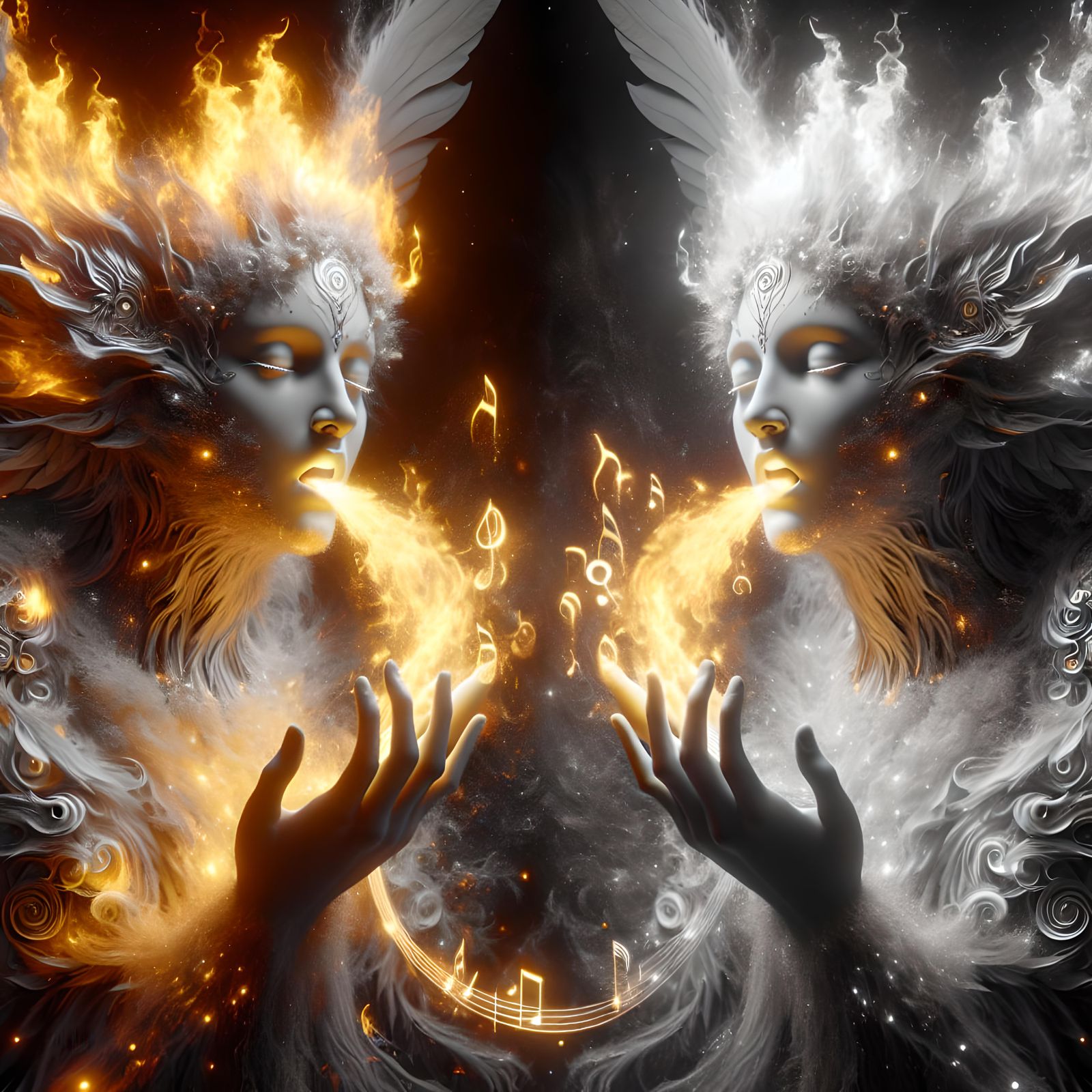 Celestial Figures with Radiant Faces in Digital Painting